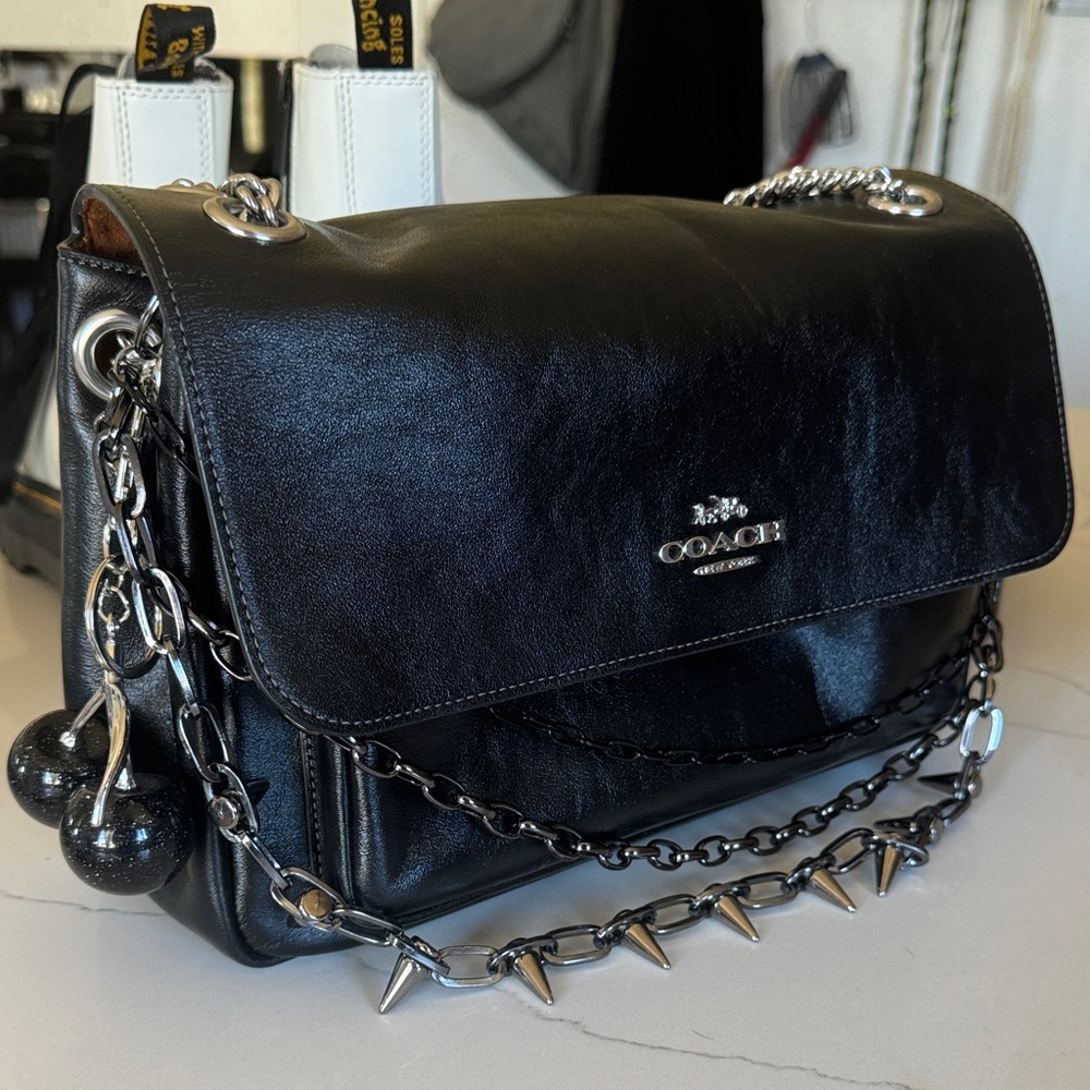 COACH Black ELODIE Flap Shoulder Bag with Chain & Stud CHARMs